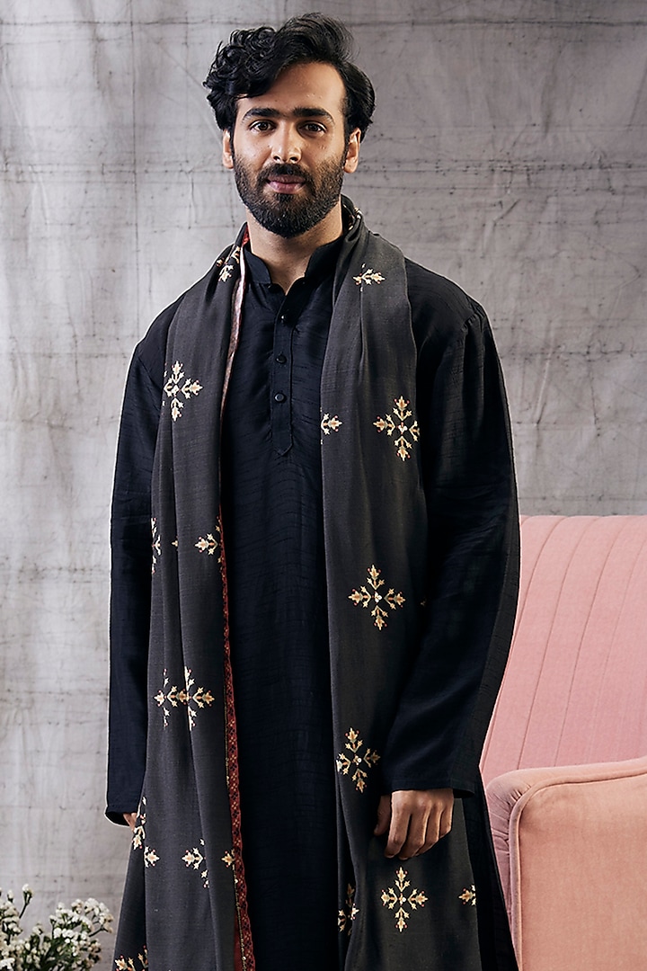 Black Muslin Slub Dhoti Set by Soup by Sougat Paul Men at Pernia's Pop Up Shop