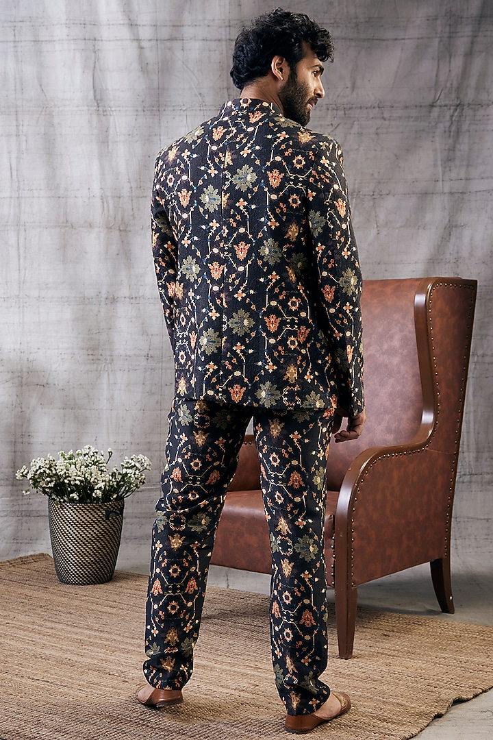 Black Malaysian Silk Printed Bandhgala Set by Soup by Sougat Paul Men at Pernia's Pop Up Shop