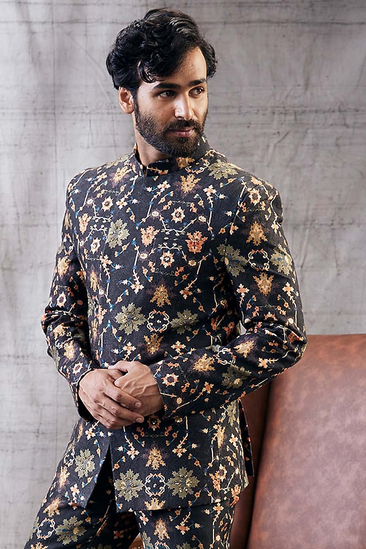 Black Malaysian Silk Printed Bandhgala Set by Soup by Sougat Paul Men at Pernia's Pop Up Shop