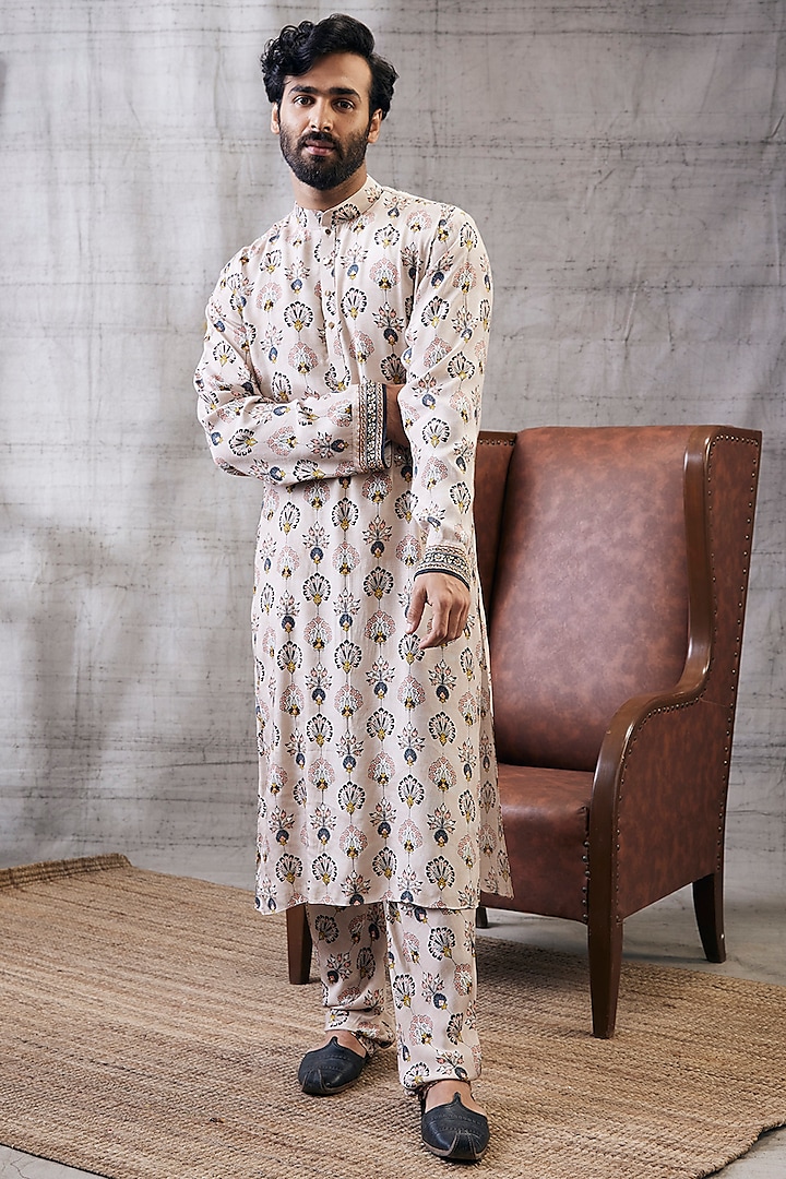 Beige Malaysian Silk Printed Kurta Set by Soup by Sougat Paul Men