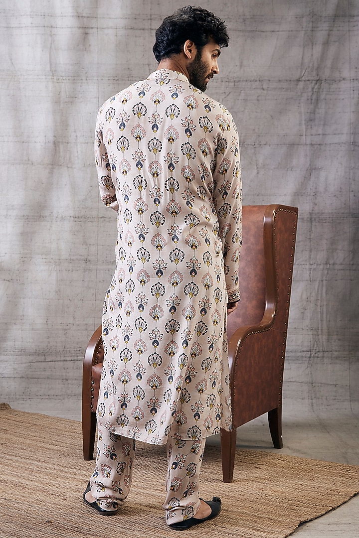 Beige Malaysian Silk Printed Kurta Set by Soup by Sougat Paul Men at Pernia's Pop Up Shop