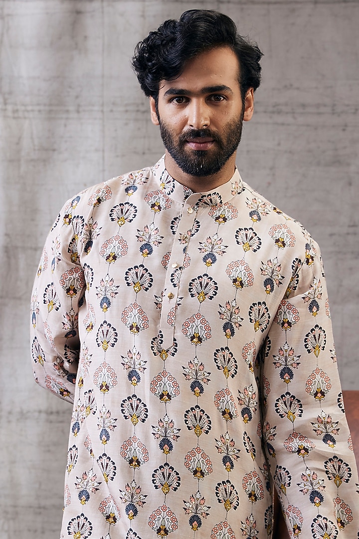 Beige Malaysian Silk Printed Kurta Set by Soup by Sougat Paul Men at Pernia's Pop Up Shop