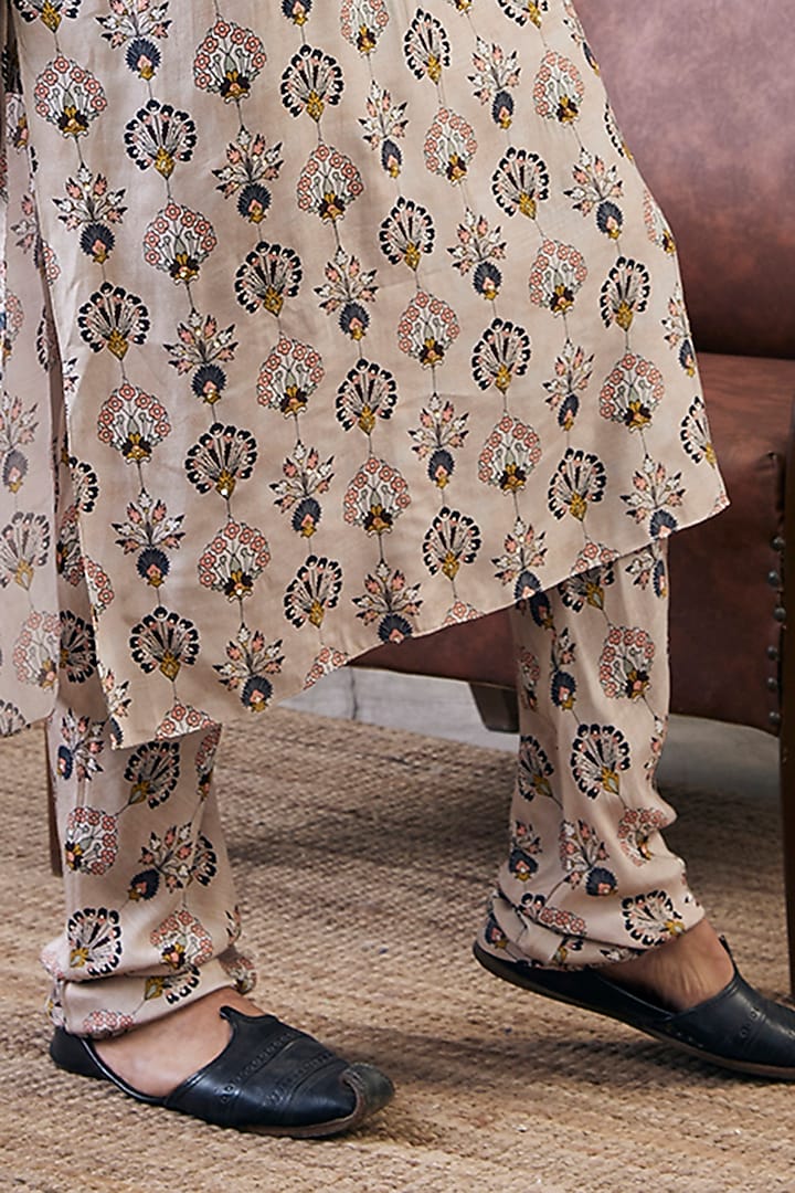 Beige Malaysian Silk Printed Kurta Set by Soup by Sougat Paul Men at Pernia's Pop Up Shop