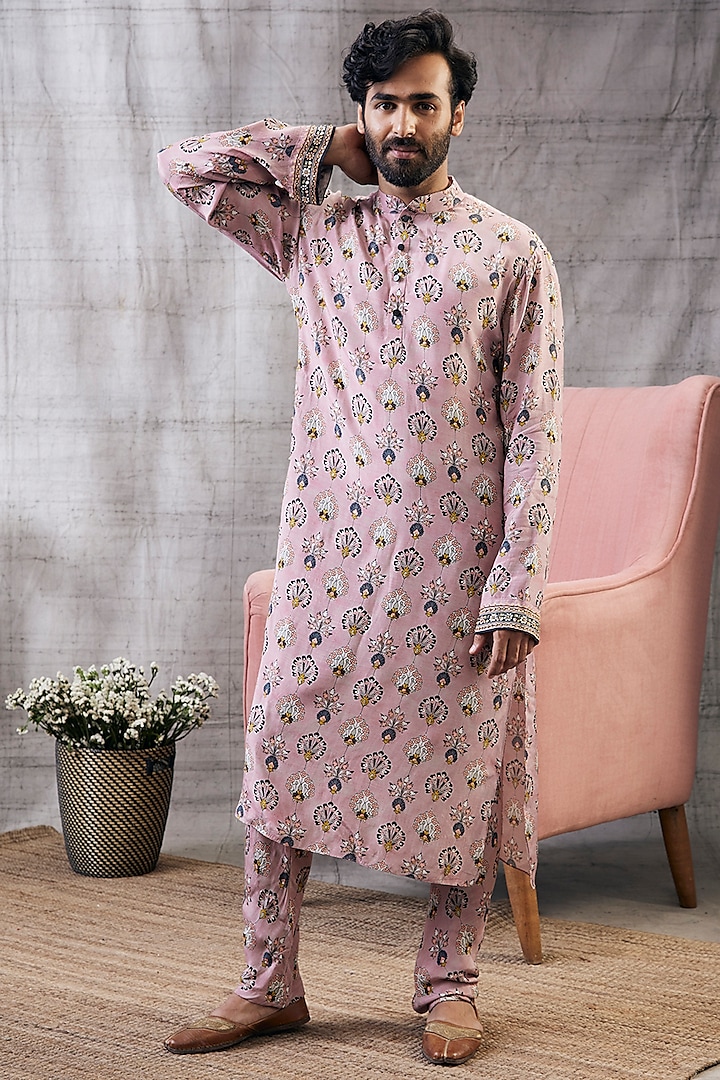 Pink Malaysian Silk Printed Kurta Set by Soup by Sougat Paul Men