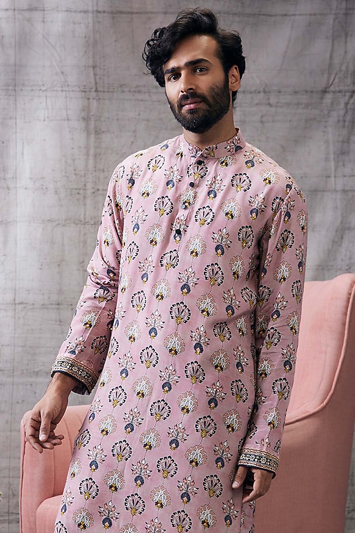 Pink Malaysian Silk Printed Kurta Set by Soup by Sougat Paul Men at Pernia's Pop Up Shop