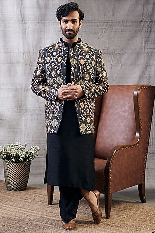 Black Malaysian Silk Printed Indo-Western Set by Soup by Sougat Paul Men