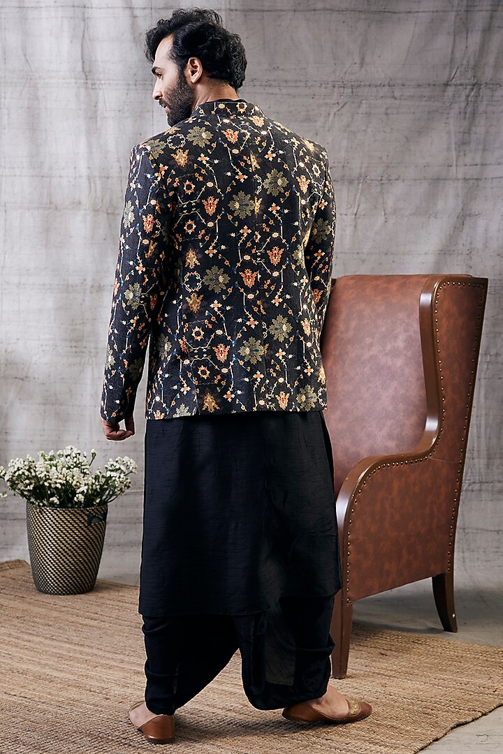 Black Malaysian Silk Printed Indo-Western Set by Soup by Sougat Paul Men at Pernia's Pop Up Shop