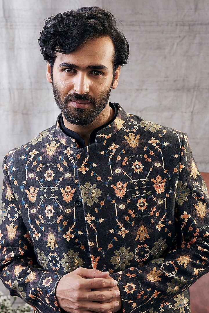 Black Malaysian Silk Printed Indo-Western Set by Soup by Sougat Paul Men at Pernia's Pop Up Shop