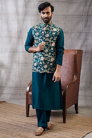 Green Malaysian Silk Printed Bundi Jacket Set by Soup by Sougat Paul Men