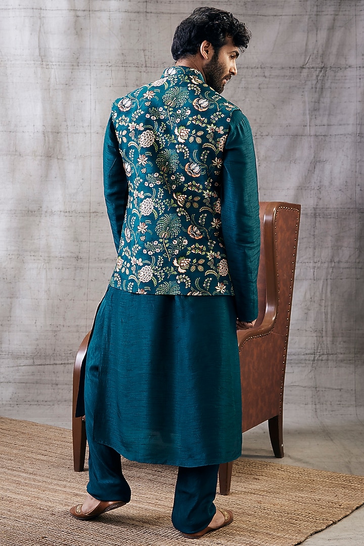 Green Malaysian Silk Printed Bundi Jacket Set by Soup by Sougat Paul Men at Pernia's Pop Up Shop
