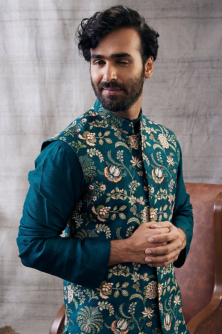 Green Malaysian Silk Printed Bundi Jacket Set by Soup by Sougat Paul Men at Pernia's Pop Up Shop