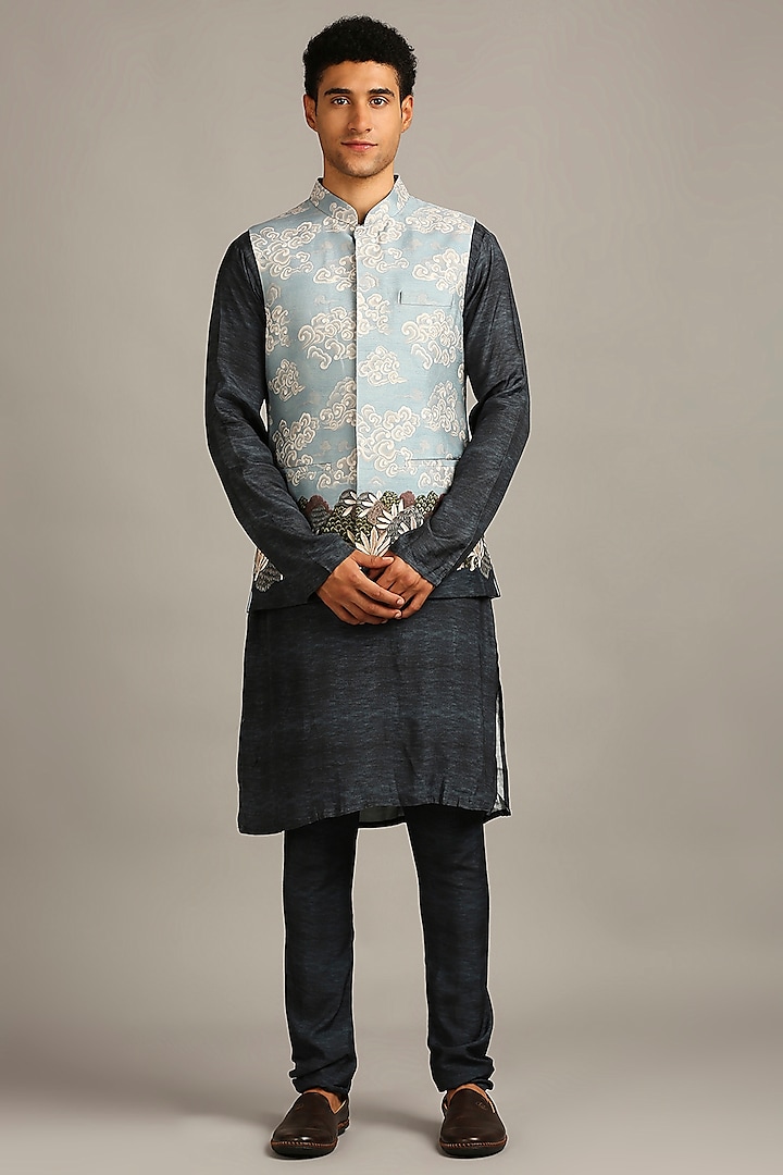 Blue Printed Bundi Jacket With Kurta Set by Soup By Sougat Paul Men
