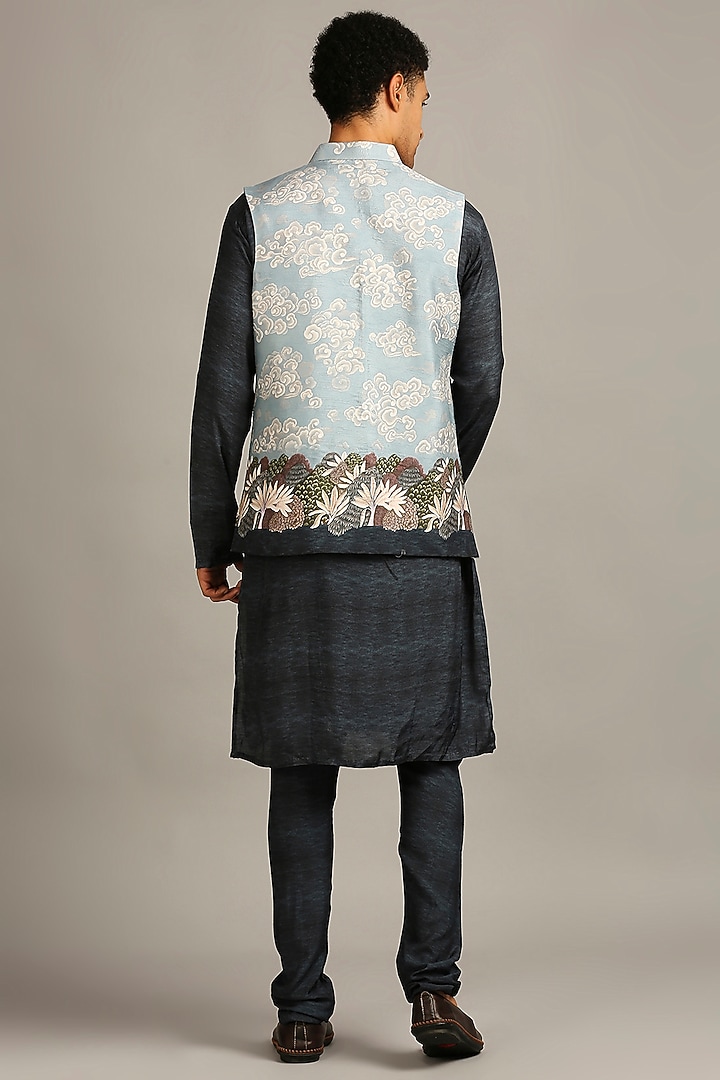 Blue Silk Printed Bundi Jacket Set by Soup By Sougat Paul Men at Pernia's Pop Up Shop
