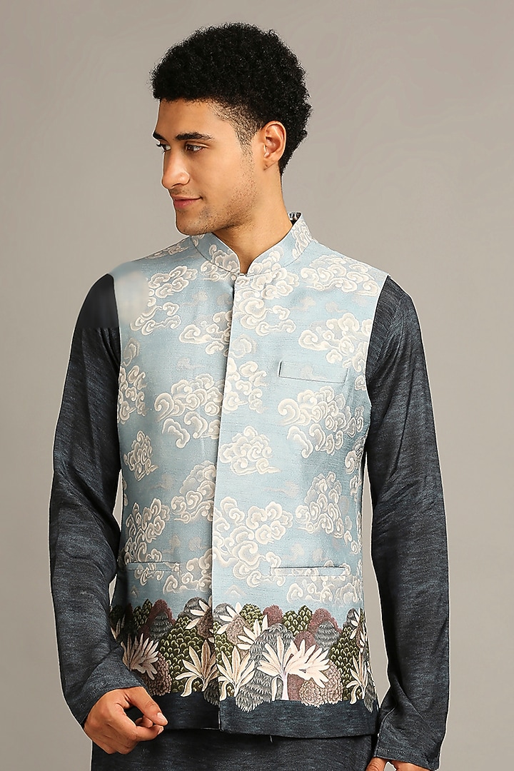 Blue Silk Printed Bundi Jacket Set by Soup By Sougat Paul Men at Pernia's Pop Up Shop