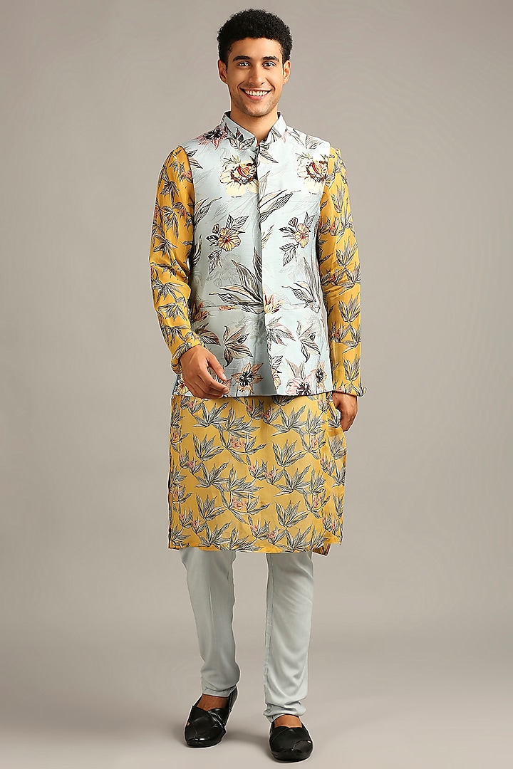 Blue Floral Printed Bundi Jacket With Kurta Set by Soup By Sougat Paul Men