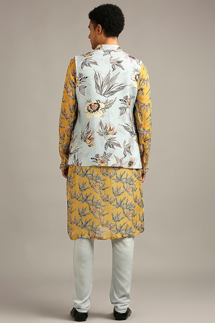 Blue Silk Floral Printed Bundi Jacket Set by Soup By Sougat Paul Men at Pernia's Pop Up Shop