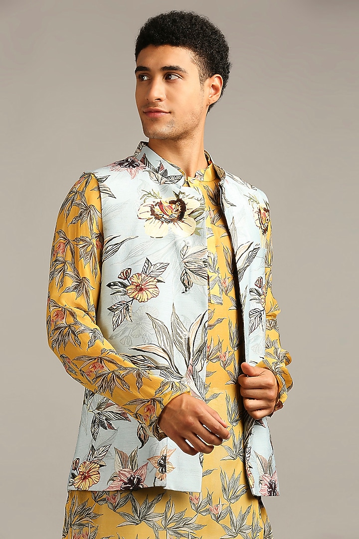 Blue Silk Floral Printed Bundi Jacket Set by Soup By Sougat Paul Men at Pernia's Pop Up Shop