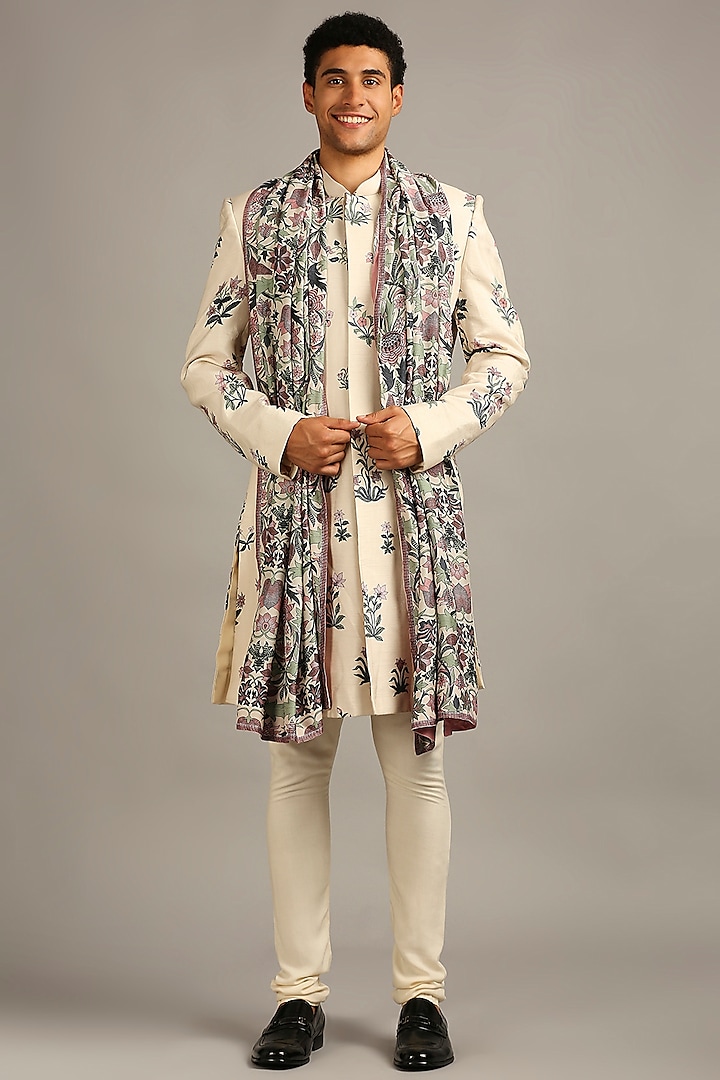 Beige Printed Sherwani Set by Soup By Sougat Paul Men at Pernia's Pop Up Shop