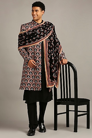 Black Muslin Slub Printed Indowestern Set by Soup By Sougat Paul Men