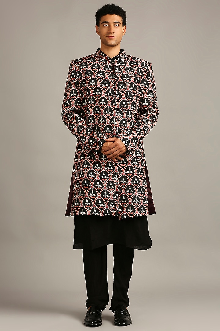 Black Muslin Slub Printed Indowestern Set by Soup By Sougat Paul Men at Pernia's Pop Up Shop