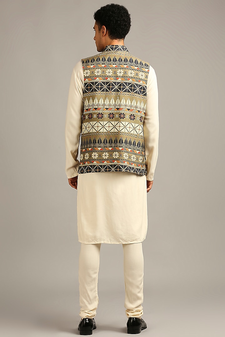Green Silk Printed Bundi Jacket Set by Soup By Sougat Paul Men at Pernia's Pop Up Shop