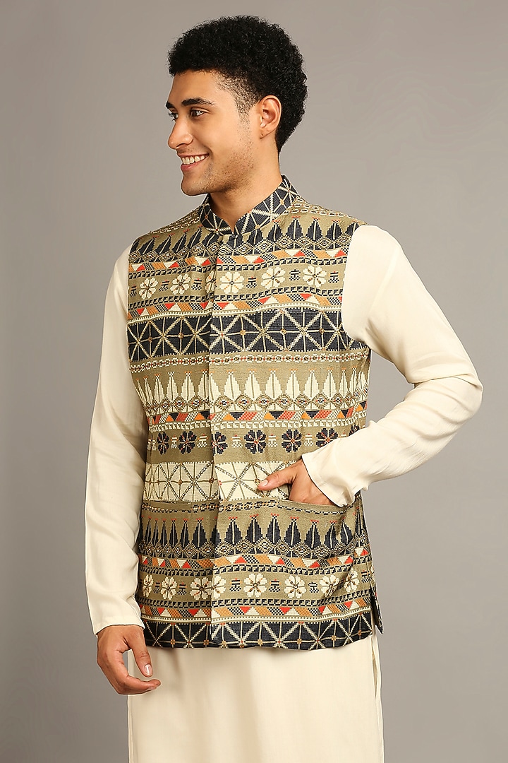 Green Silk Printed Bundi Jacket Set by Soup By Sougat Paul Men at Pernia's Pop Up Shop