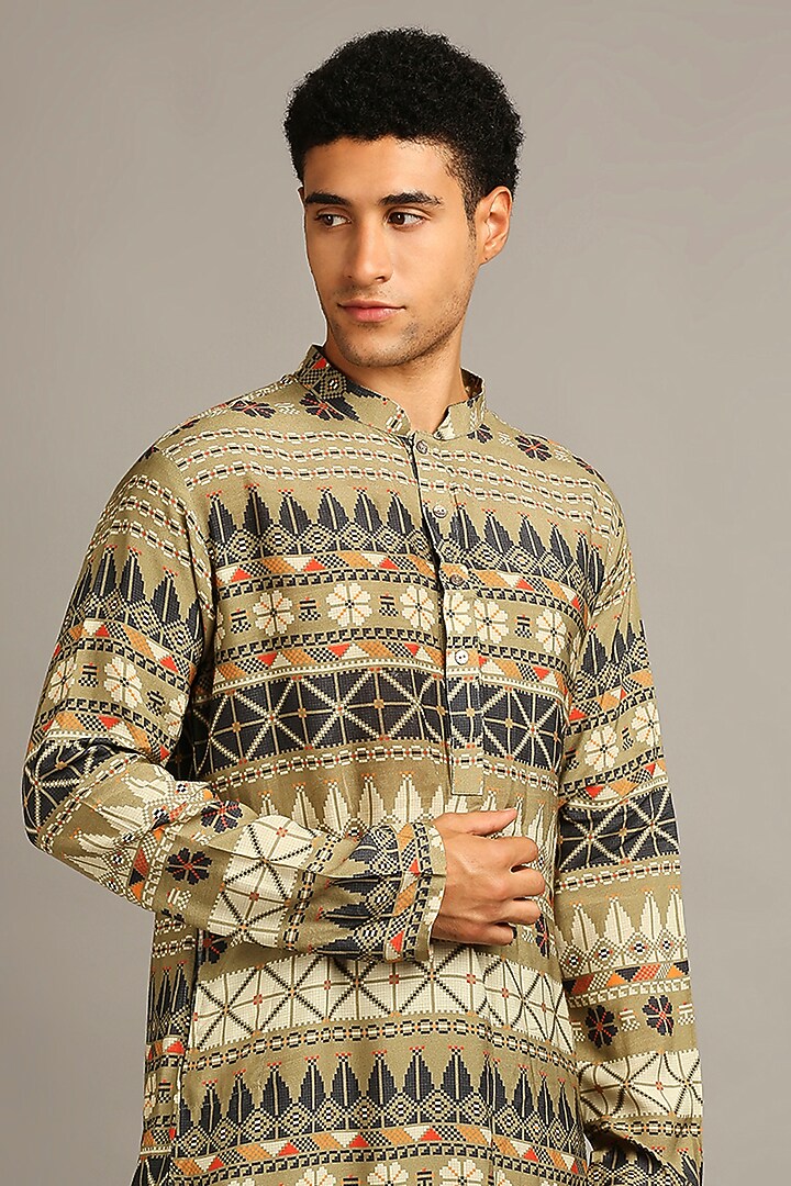 Green Muslin Slub Printed Kurta Set by Soup By Sougat Paul Men at Pernia's Pop Up Shop