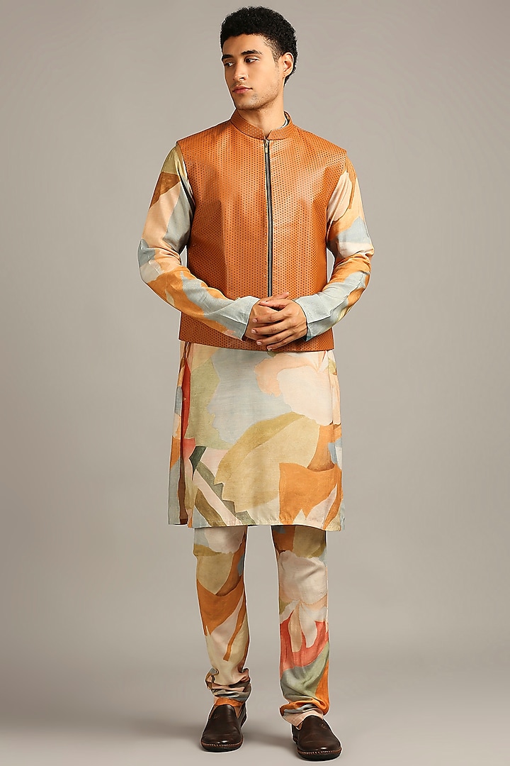 Multi-Coloured Printed Bundi Jacket With Kurta Set by Soup By Sougat Paul Men