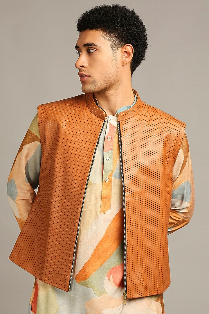 Multi-Colored Leather Bundi Jacket Set by Soup By Sougat Paul Men at Pernia's Pop Up Shop