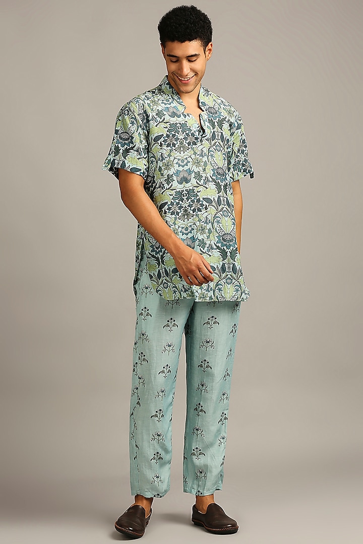 Turquoise Floral Printed Co-Ord Set by Soup By Sougat Paul Men