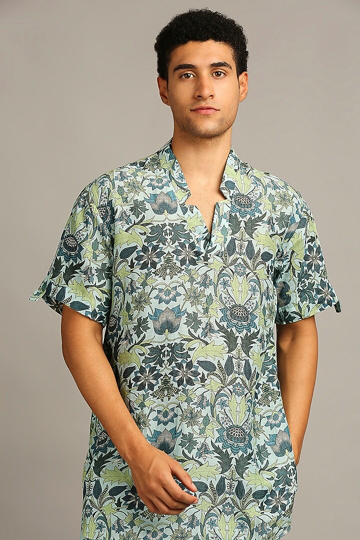 Turquoise Floral Printed Co-Ord Set by Soup By Sougat Paul Men at Pernia's Pop Up Shop
