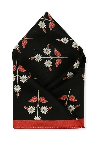 Black Crepe Printed Pocket Square by Soup by Sougat Paul Men