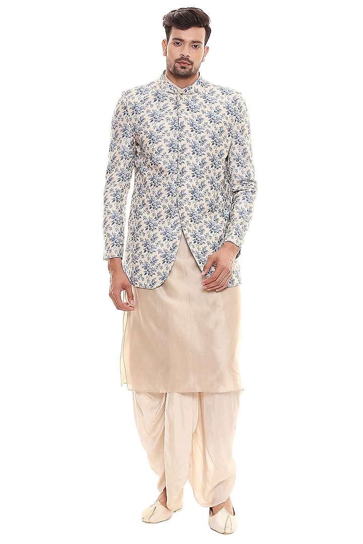 Powder Blue Kurta Set with Beige Printed Indowestern Jacket by Soup by Sougat Paul Men