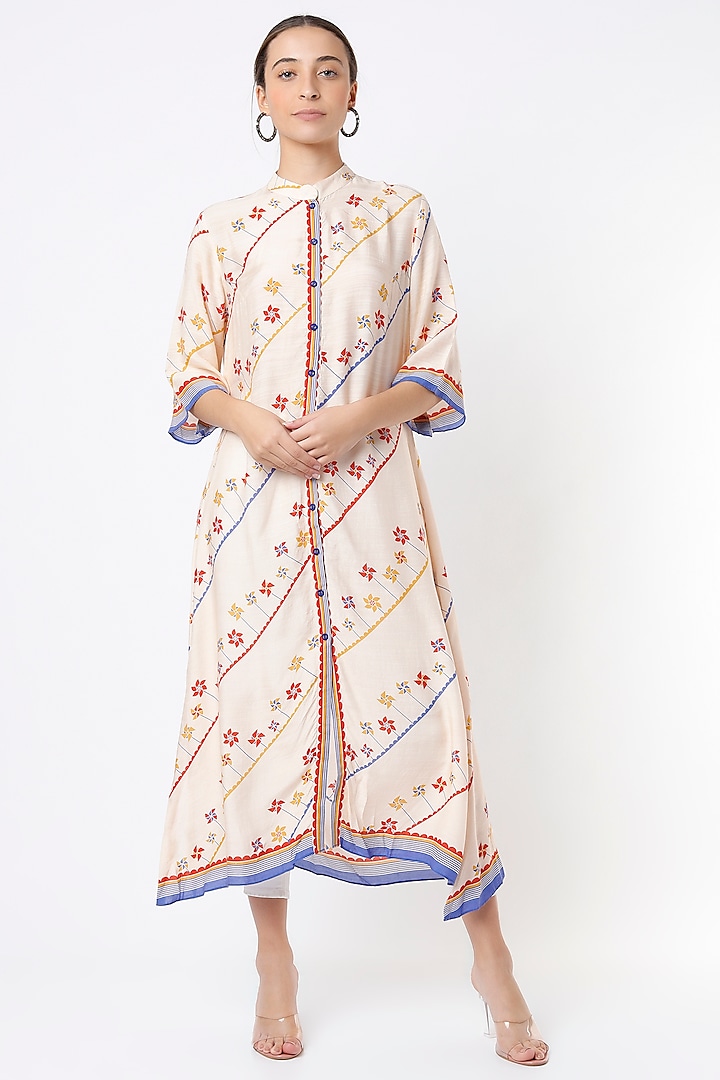 Beige Printed Asymmetrical Dress by Soup by Sougat Paul