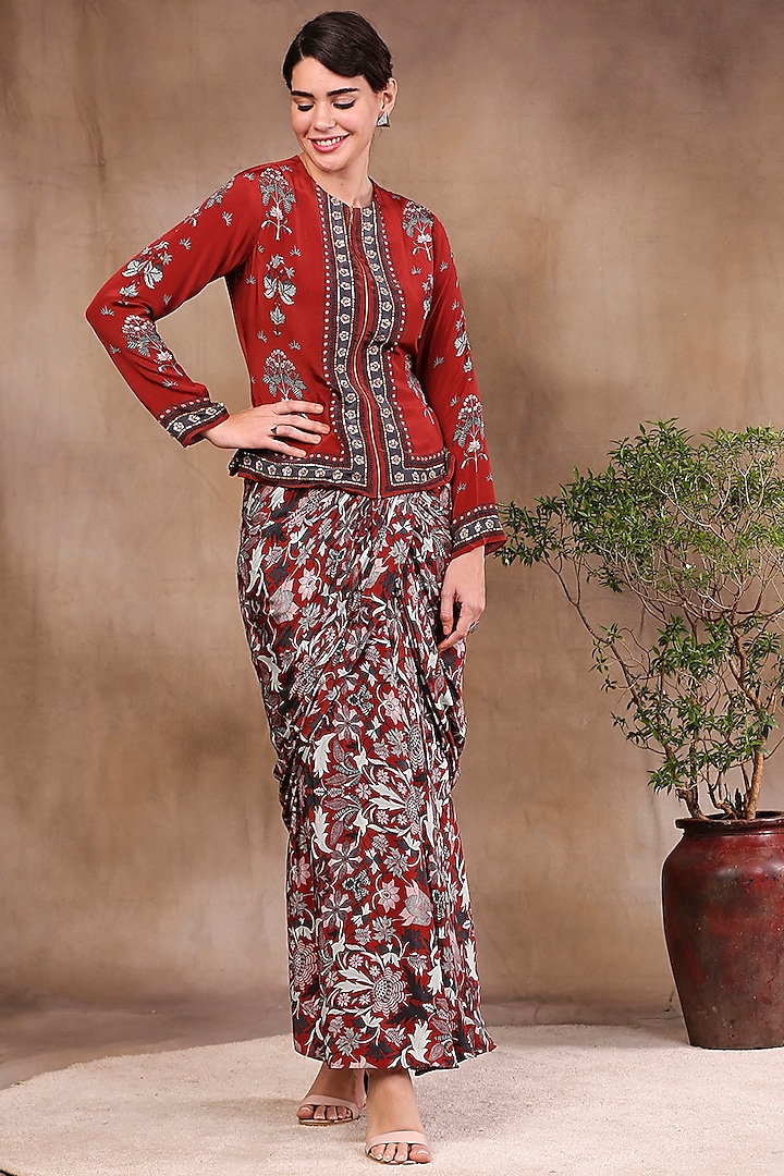 Maroon Printed Draped Skirt Set by Soup by Sougat Paul