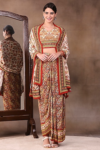 Sand Beige Crepe Printed Pleated Skirt Set by Soup by Sougat Paul