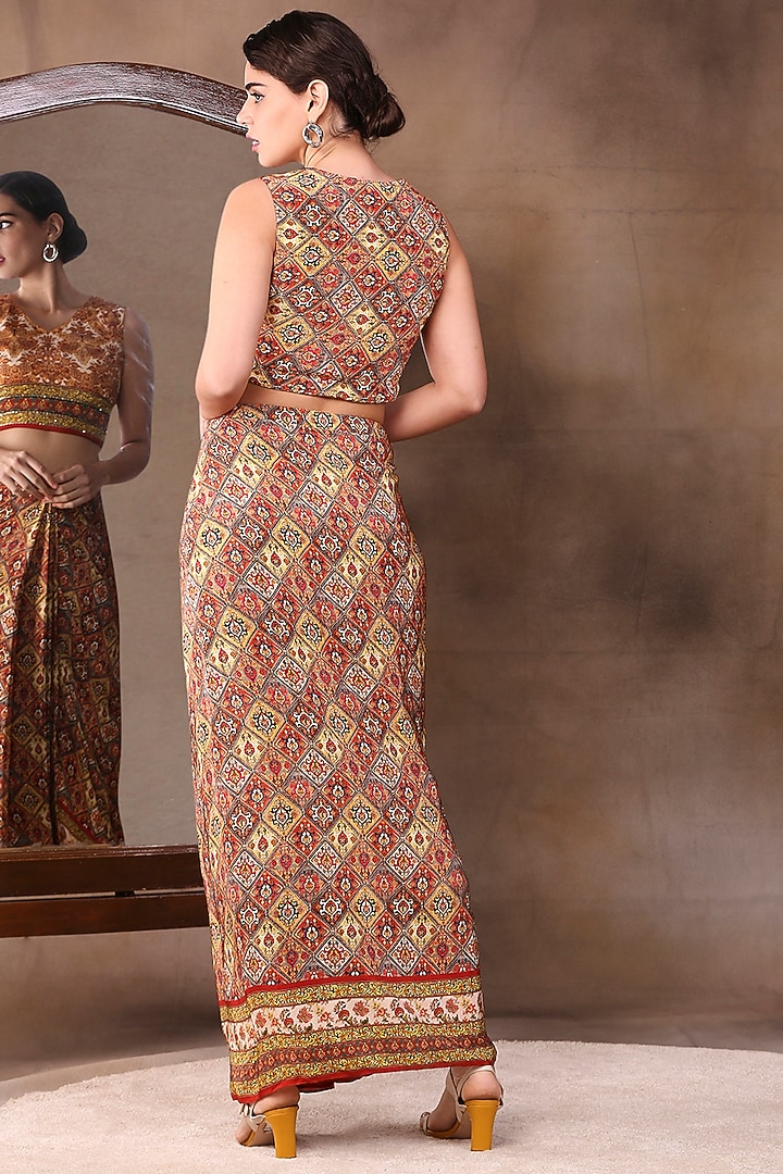 Sand Beige Crepe Printed Pleated Skirt Set by Soup by Sougat Paul at Pernia's Pop Up Shop