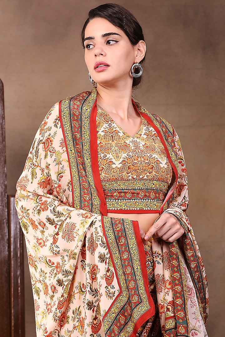 Sand Beige Crepe Printed Pleated Skirt Set by Soup by Sougat Paul at Pernia's Pop Up Shop