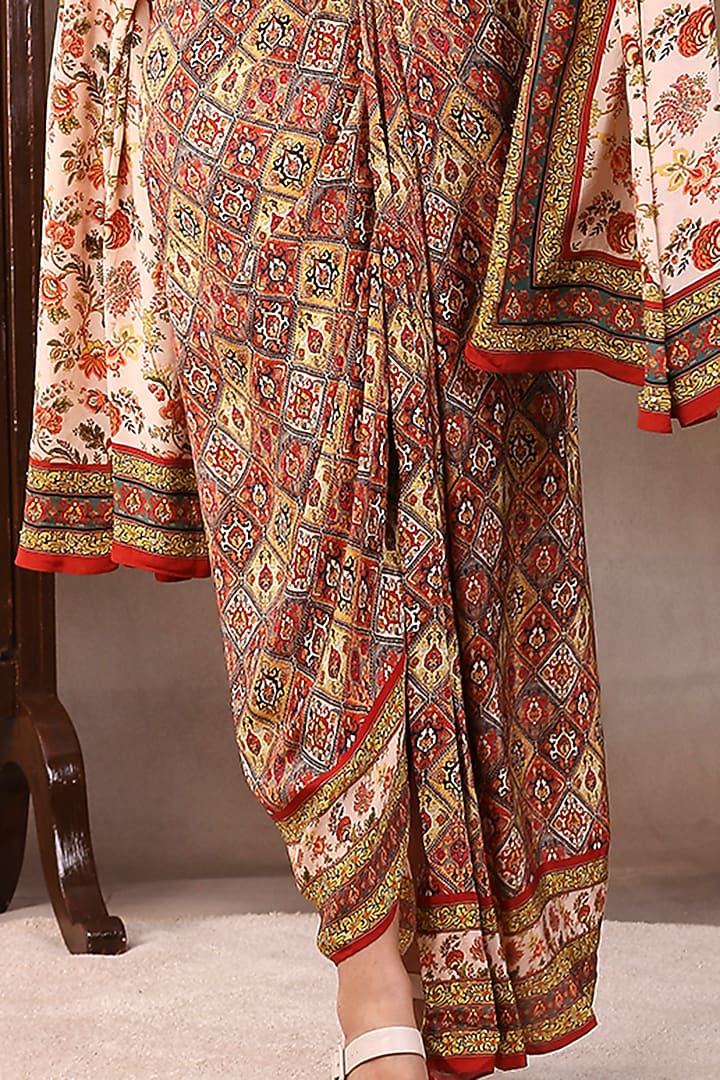 Sand Beige Crepe Printed Pleated Skirt Set by Soup by Sougat Paul at Pernia's Pop Up Shop