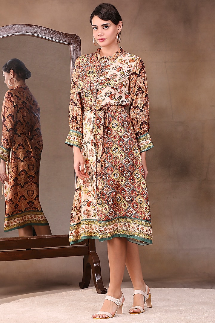Sand Beige Printed Shirt Dress by Soup by Sougat Paul