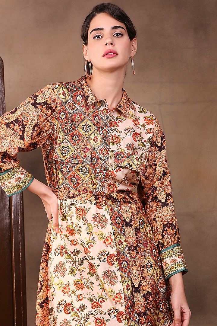 Sand Beige Printed Summer Shirt Dress by Soup by Sougat Paul at Pernia's Pop Up Shop
