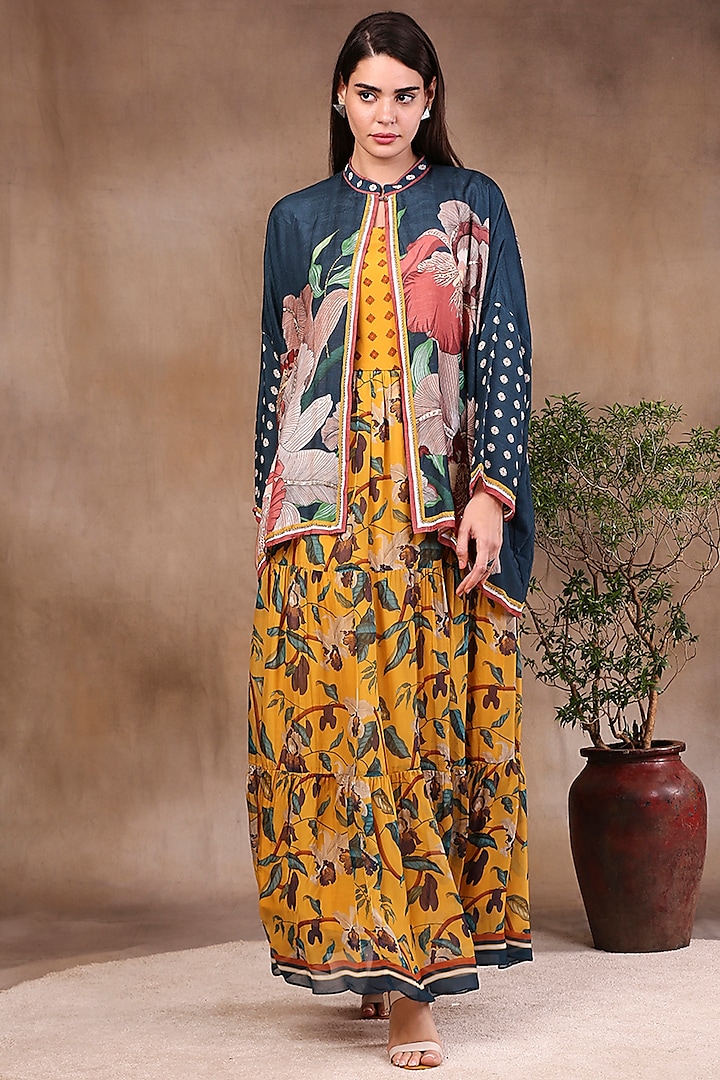 Mustard Printed Dress With Jacket by Soup by Sougat Paul