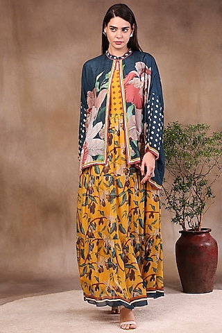 Mustard Printed Dress With Jacket by Soup by Sougat Paul