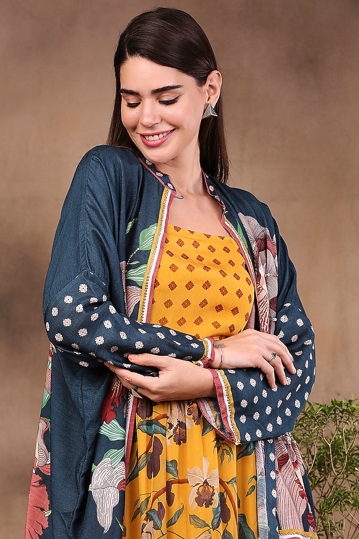 Mustard Printed Dress With Jacket by Soup by Sougat Paul at