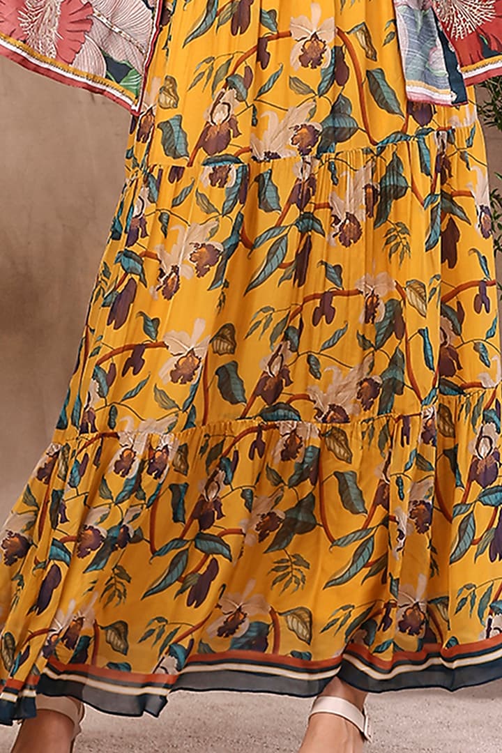 Mustard Printed Vacation Dress With Jacket by Soup by Sougat Paul at Pernia's Pop Up Shop