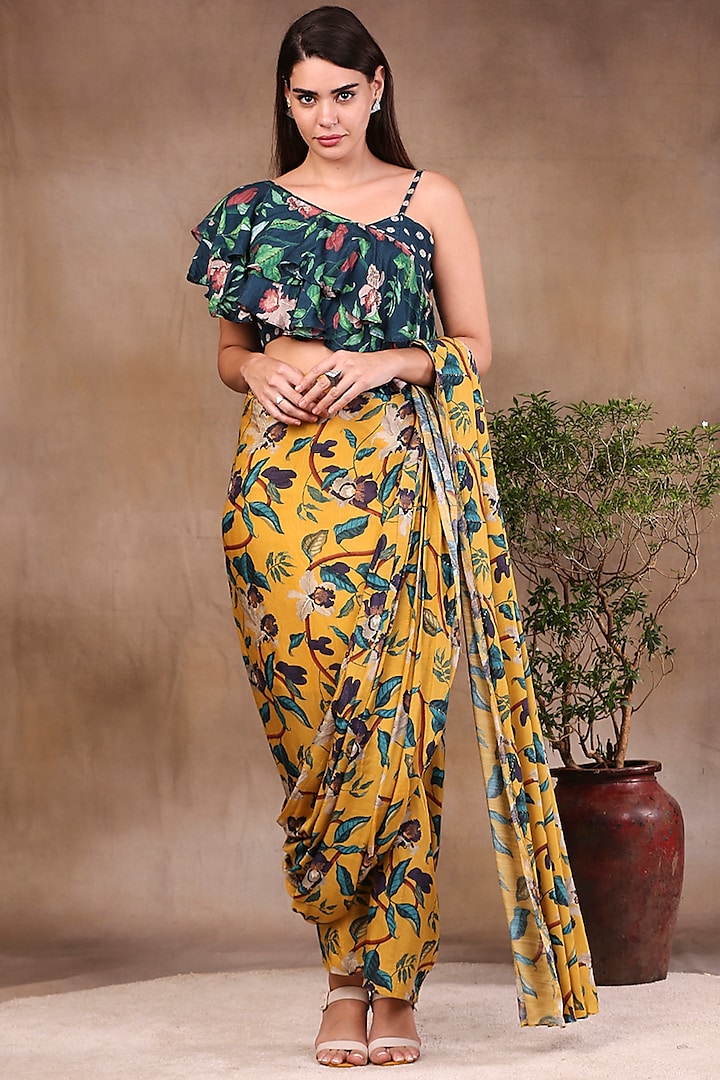Yellow & Green Printed Skirt Saree Set by Soup by Sougat Paul