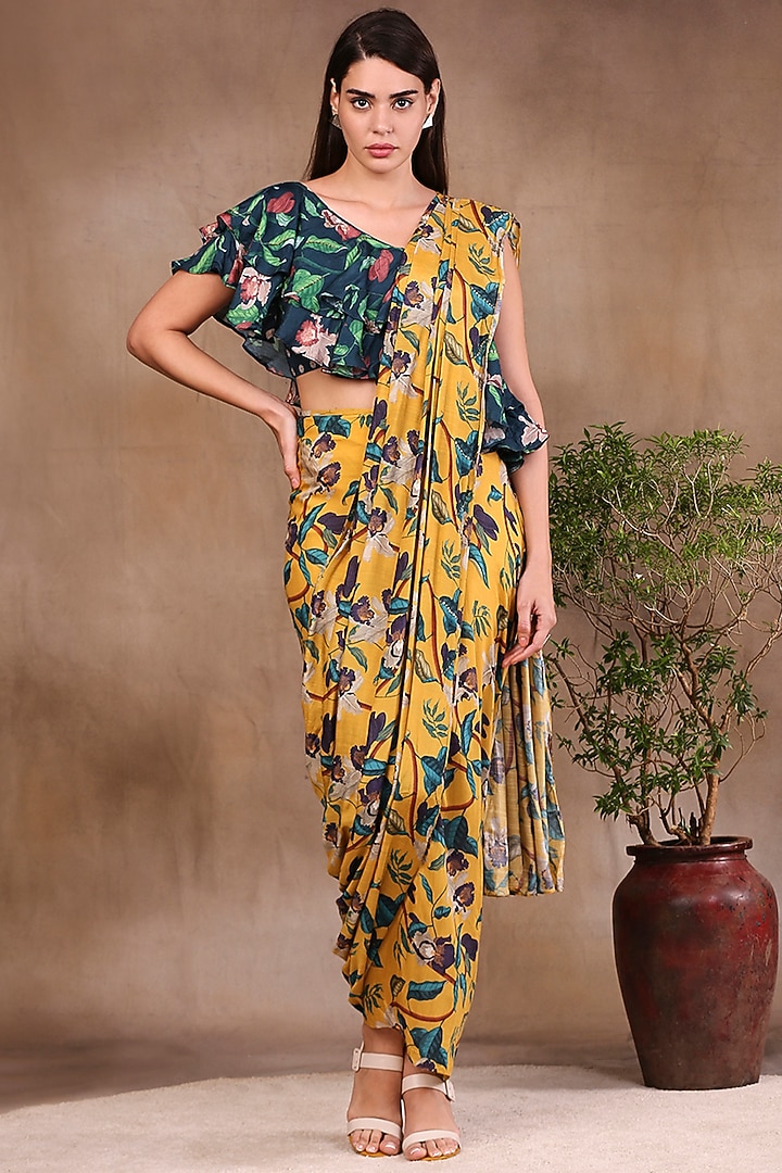 Yellow & Green Printed Skirt Party Wear Saree Set by Soup by Sougat Paul at Pernia's Pop Up Shop