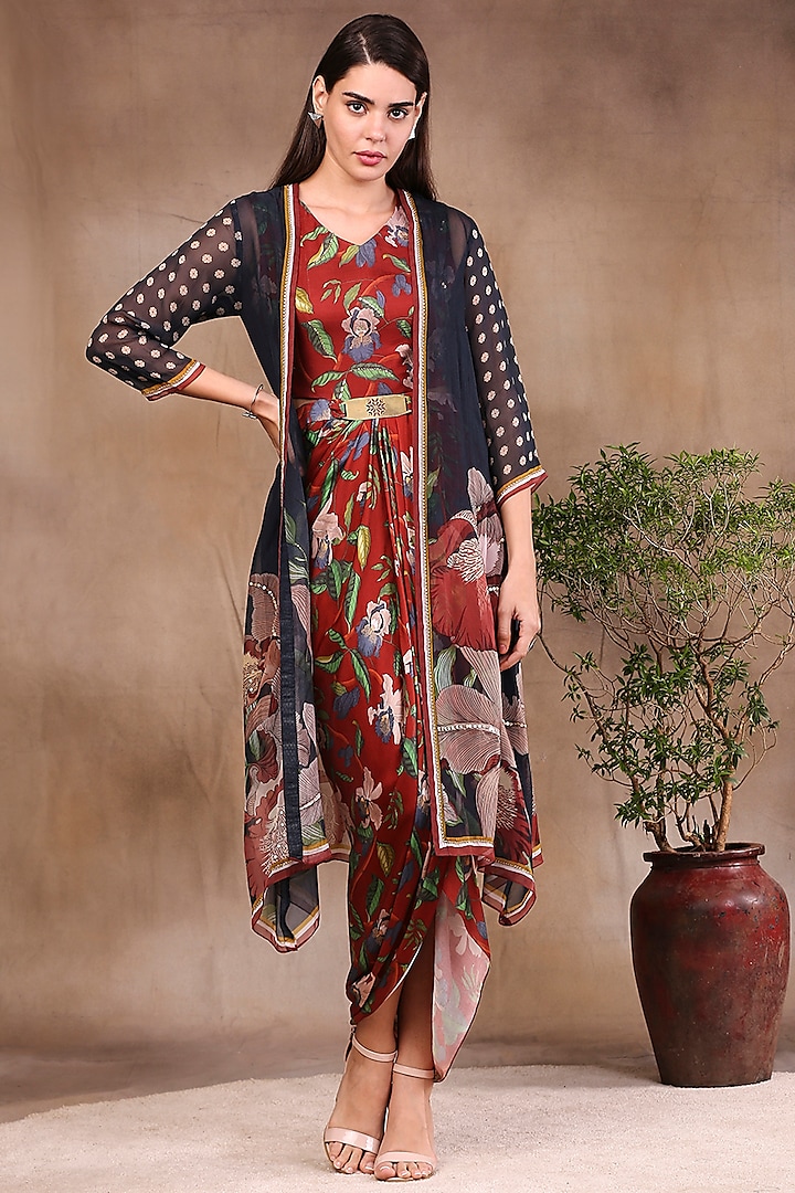 Red Printed Draped Dress With Jacket by Soup by Sougat Paul
