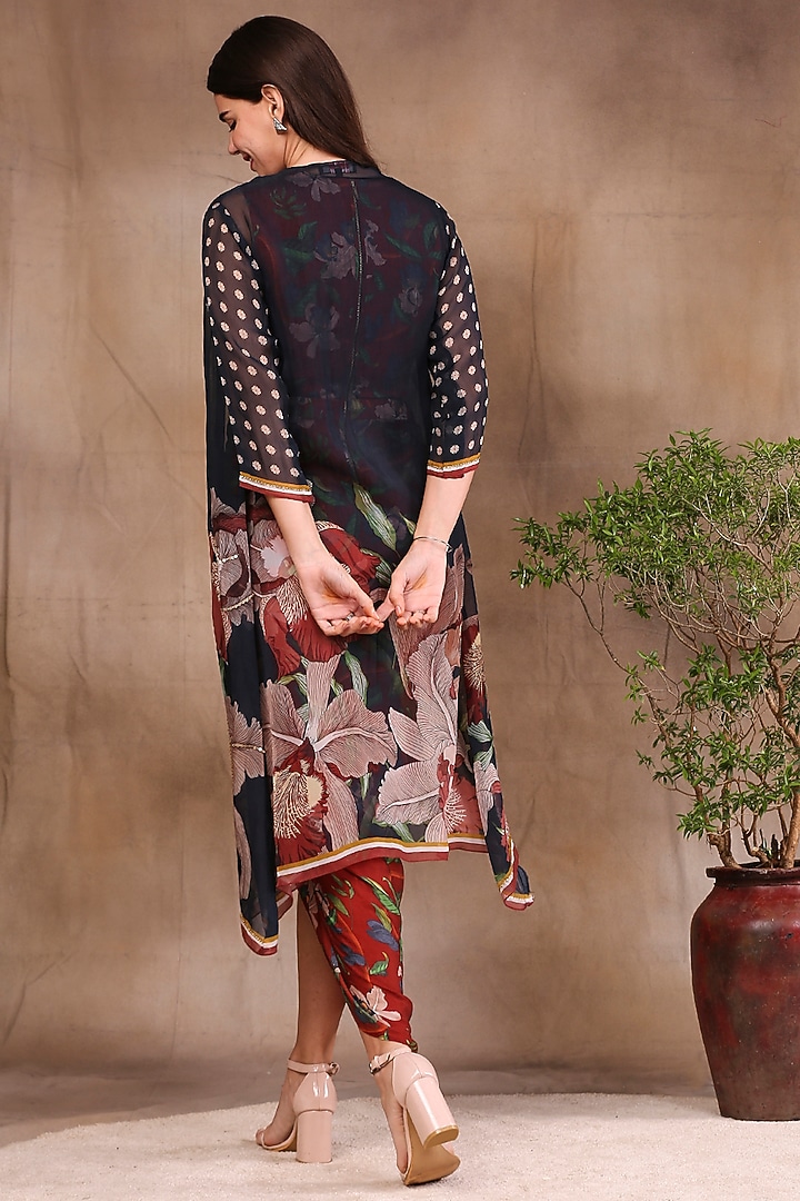 Red Printed Draped Vacation Dress With Jacket by Soup by Sougat Paul at Pernia's Pop Up Shop