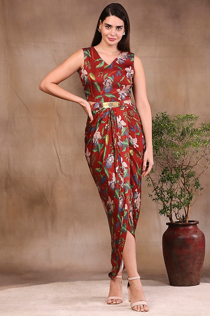 Red Printed Draped Vacation Dress With Jacket by Soup by Sougat Paul at Pernia's Pop Up Shop